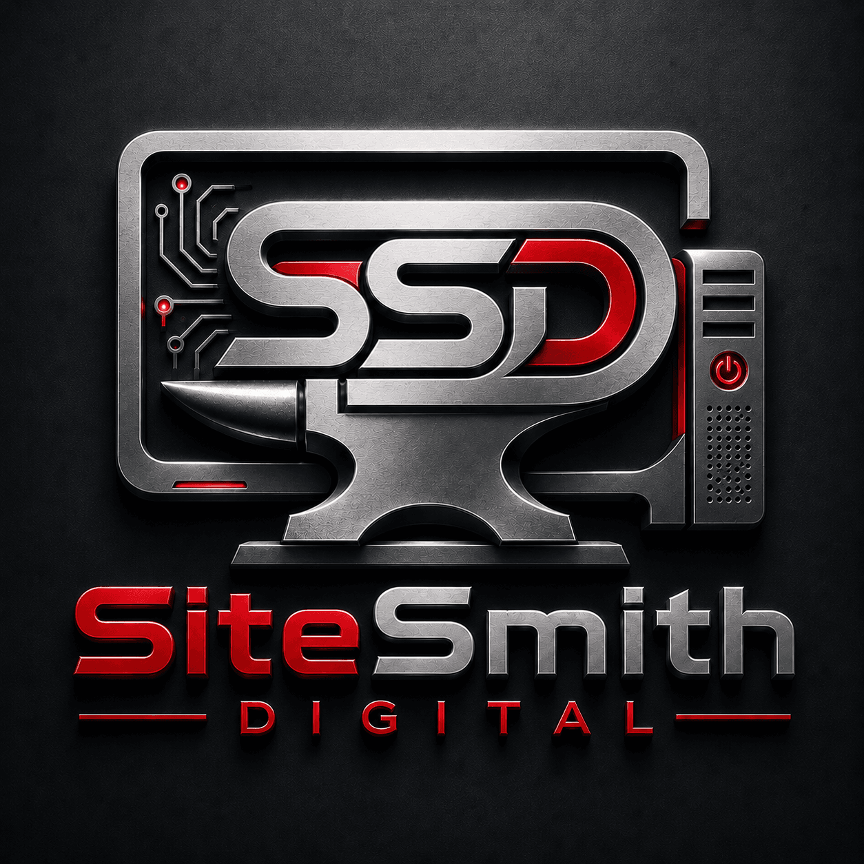 SiteSmith Digital logo concept with SSD, anvil, and digital technology theme